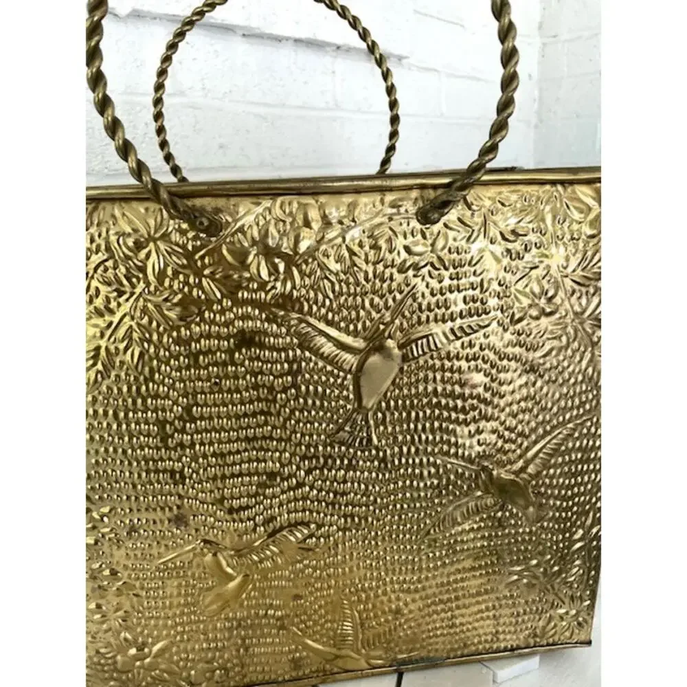 Vintage Embossed Brass Magazine Rack Hummingbird Floral Twisted Handles